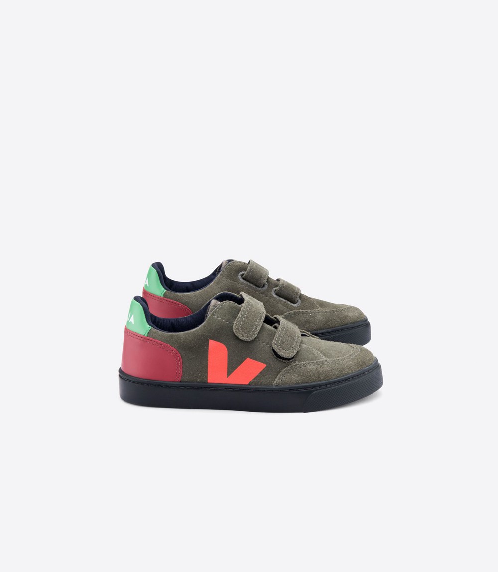 Veja Trainers Kids Olive/Black - V-12 Velcro Suede - VKTI-93184